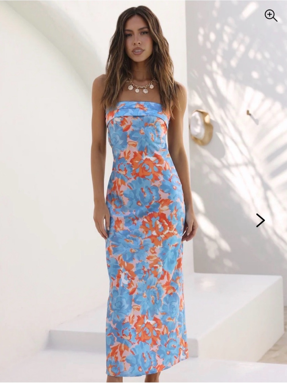Hello Molly Strapless Blue & Orange Floral Midi Dress